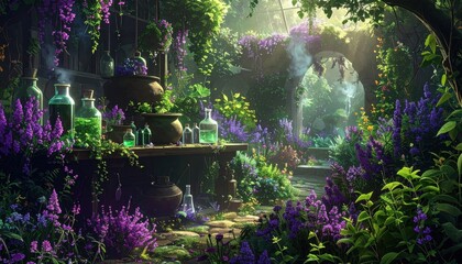 A sun-drenched, overgrown garden sanctuary, filled with vibrant purple blossoms and lush greenery, showcasing a hidden alchemist's workshop with antique apothecary jars and cauldrons.
