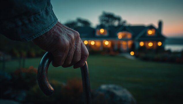 Elderly hand holding walking stick at dusk