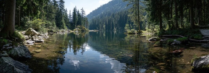 Serene mountain lake nestled in a dense forest
