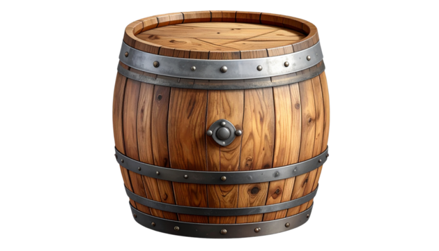Realistic wooden barrel, isolated on transparent background, PNG format.
