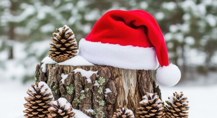 Christmas Santa Hat on Snowy Wood Log Surrounded by Pine Cones and Snow