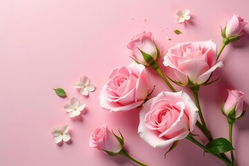 Fototapeta premium A Delicate Arrangement of Pink Roses and Small White Flowers on a Soft Pink Background