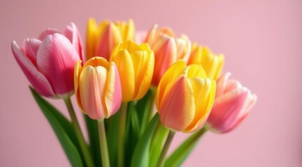 Fototapeta premium A vibrant bouquet of pink and yellow tulips, a delightful spring floral arrangement showcasing the beauty of nature's colorful blossoms.