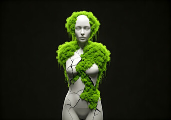 Cracked White Mannequin Torso Adorned with Lush Green Moss and Foliage Against a Dark Background