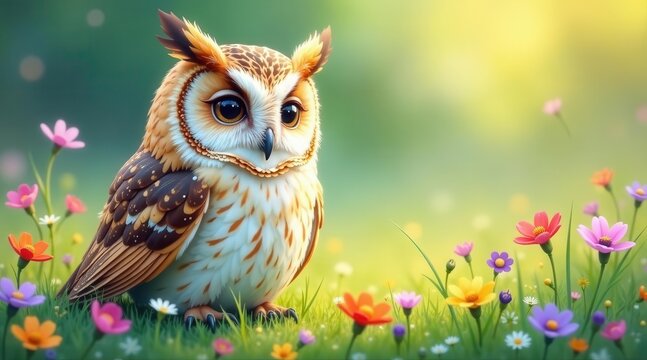 A charming owl rests serenely amidst a vibrant meadow of wildflowers, basking in the gentle sunlight of a spring day.