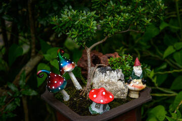 A still life scene featuring a gnome with mushrooms, crystals and a bonsai tree - horizontal