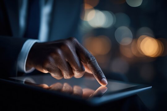 A close-up of a hand touching a tablet at night