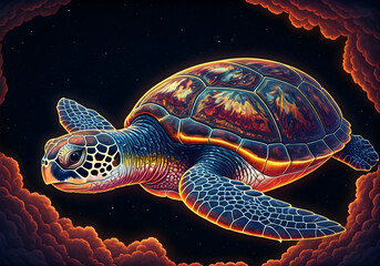 Surreal Cosmic Sea Turtle Gliding Through Starry Night Sky Amidst Fiery Nebulae
