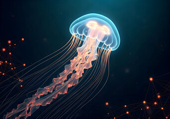 Bioluminescent Jellyfish with Glowing Network Pattern Background, Sci fi Abstract Aquatic Creature Illustration