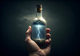 Hand Holding Glass Bottle Containing a Miniature Thunderstorm with Lightning Strike and Stormy Clouds
