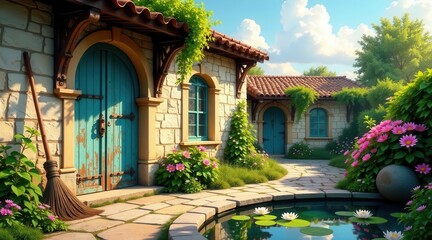 Fototapeta premium Serene Stone Cottage with Sunlit Courtyard, Blooming Flowers, and Tranquil Water Feature