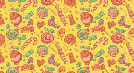A delightful and colorful candy pattern, featuring various sweets on a yellow background.  Vibrant hues and cartoonish style create a joyful and playful theme.