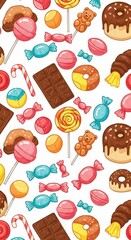 Colorful candy and sweet treats create a delightful, repeating pattern on a white background.
