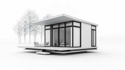 Modern minimalist house design featuring large windows and a spacious deck in a serene outdoor setting