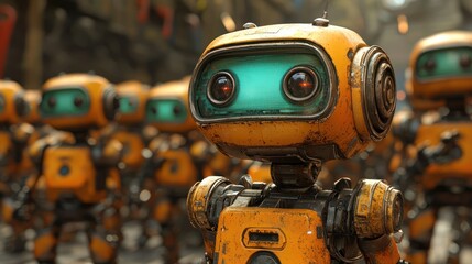 Group of robots marching in urban setting