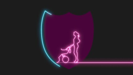 Shield and young mother walking with her baby in stroller. Maternity and paternity concept. Young mom character walk with child in carriage. Animation of insurance and childcare made of one line