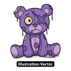 Vector illustration of a sad and creepy purple zombie teddy bear with patches and stitches