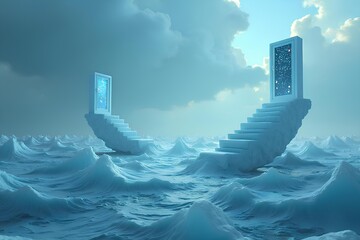 Surreal landscape with ocean of ice, stairs, doorways to different realities, dreamlike scene