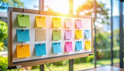 A vibrant display of colorful sticky notes pinned on a board, set in a bright, sunny environment, suggesting organization and creativity.