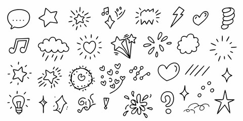 Collection of hand drawn doodle icons representing various symbols like stars hearts clouds and speech bubbles