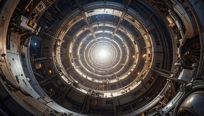 A breathtaking, intricate, spiral-shaped, inner space structure, full of metallic gray and bronze tones, radiates towards a central light source.