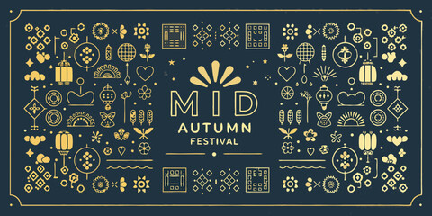 Mid autumn festival decorative elements and symbols in golden outline style on dark blue background