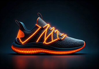 Futuristic Athletic Shoe with Vibrant Orange Neon Glow Accents on a Dark Background, Showcasing Modern Design and Technology