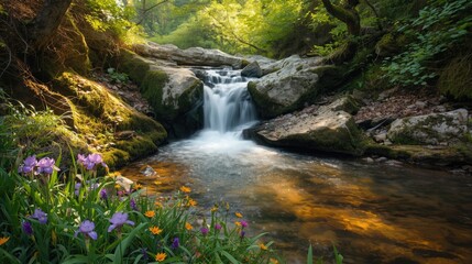 Fototapeta premium A tranquil woodland stream cascades over smooth rocks, bathed in golden sunlight, with vibrant wildflowers bordering the water's edge.