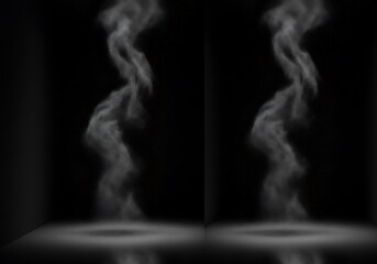 Intricate swirls of vapor rise against a stark black backdrop, creating a visually captivating scene.