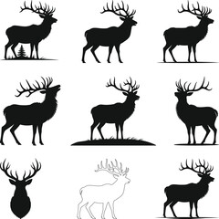 Elk Deer Silhouette, Red Stag Silhouette, Elk Deer Svg Hunting Silhouette Cutting File, Elk Antlers Hunting Svg Wildlife, Elk Silhouette Clipart On White Background,