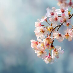 Obraz premium Delicate Pink Cherry Blossoms in Soft Focus Against Blue Background
