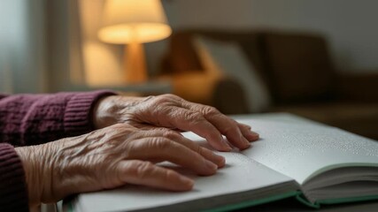 Elderly hands reading Braille on book in cozy room - Powered by Adobe