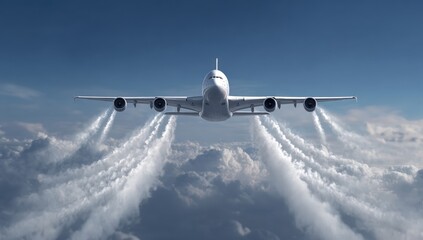White jet airplane soaring above fluffy clouds