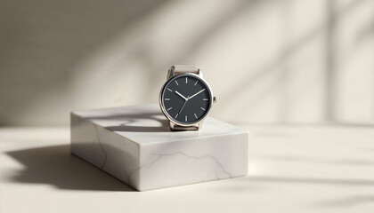Minimalist black and silver watch mockup on a marble block