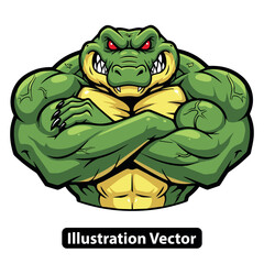 Muscular Cartoon Crocodile Illustration with Green Skin and Fierce Red Eyes