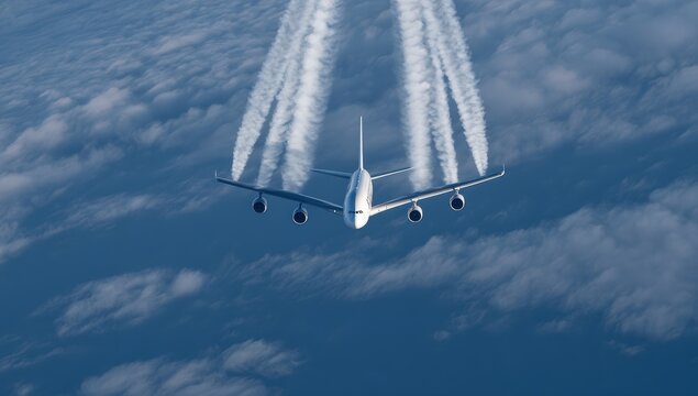 A large jet aircraft, high above, leaving contrails