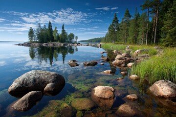 Tranquil lake shore with rocks and trees