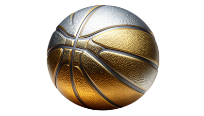 Realistic basketball with silver and gold metallic texture, shiny surface, isolated on transparent background, PNG format.