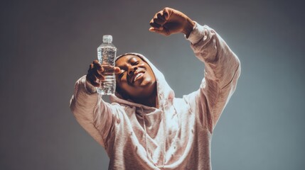 A person dancing with a water bottle in hand, taking a quick break to hydrate and smile at the camera. The image is authentic and relatable.