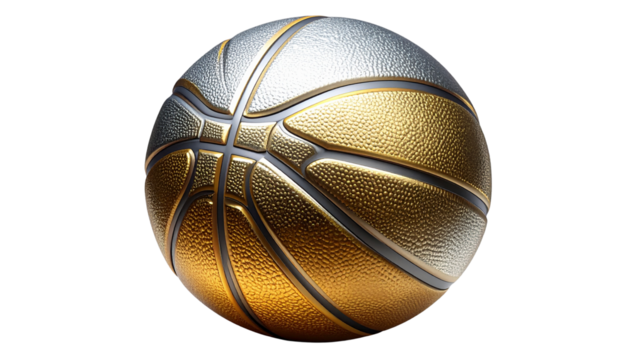 Realistic basketball with silver and gold metallic texture, shiny surface, isolated on transparent background, PNG format.
