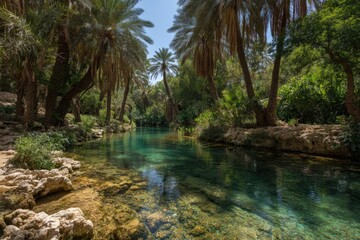 Lush oasis with crystal-clear water flowing through palm trees