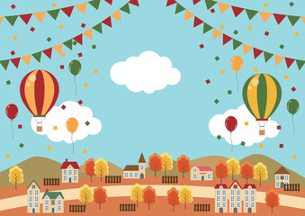 秋のレジャー背景、田舎、イラスト、かわいい、気球、横