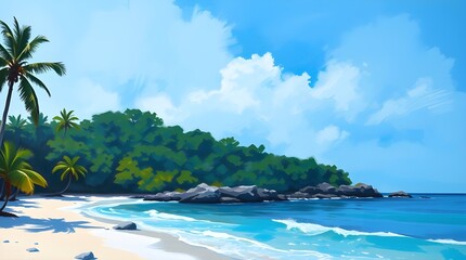 Naklejka premium Tropical Beach Paradise - A pristine beach with white sand is fringed by lush green palm trees, and the crystal-clear ocean stretches into the horizon under a bright blue sky.
