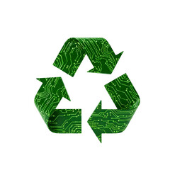 with Generated AI | Green recycling symbol with electronic circuit board pattern promoting e-waste recycling and environmental sustainability