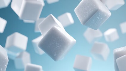 Floating white sugar cubes against a light blue background