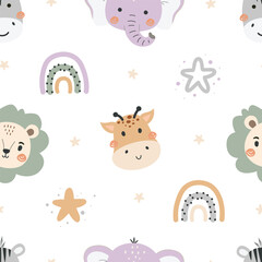 Cute seamless pattern with cartoon animals. baby and kids background. Cute safari animals. Lion, elephant, zebra, giraffe. For print, wrapping, scrapbooking, fashion, fabric, wallpaper