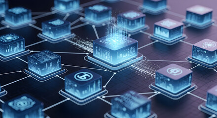 Digital Blockchain Concept Illustration with Connected Cryptocurrency Cubes and Data Network