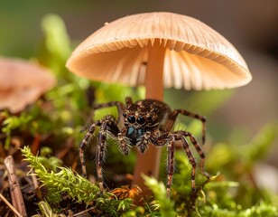 Close-up of jumping spider under mushroom