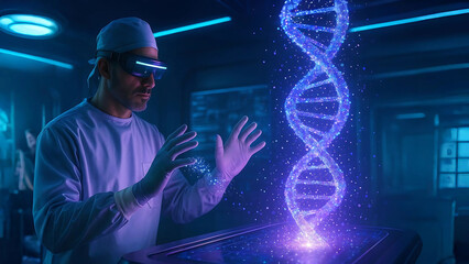 Futuristic Surgery Room with AR Doctor Controlling Nanoparticles and DNA Hologram
