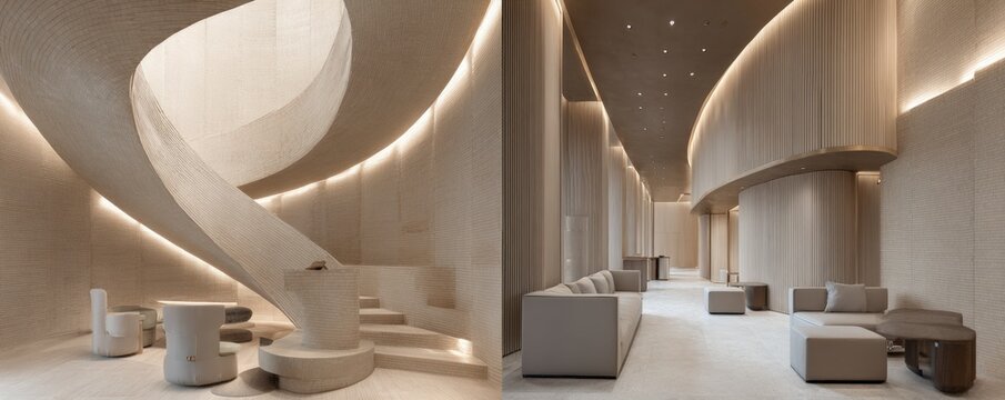 Modern minimalist interior design of a lobby or waiting area.  Curved walls and spiral staircase